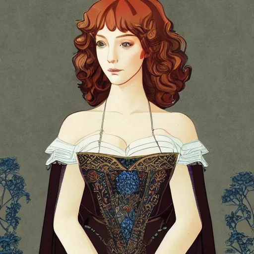 Image similar to a beautiful portrait of teenage christina hendricks as a medieval noblewoman, fantasy, intricate, elegant, highly detailed, digital painting, artstation, concept art, matte, sharp focus, illustration, by hokusai and jeong seon