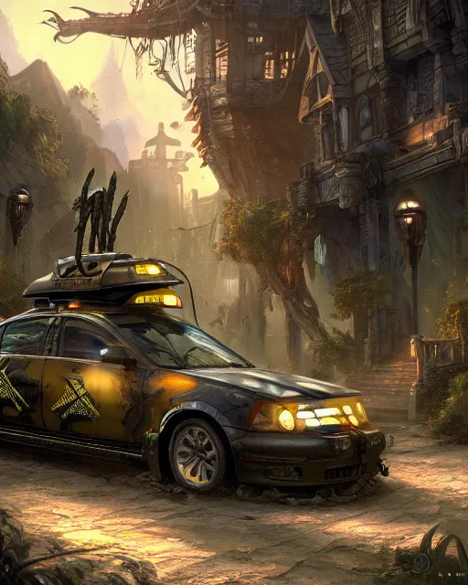 Prompt: xenomorph taxi car in a fantasy village, calming, uplifting mood, ultra realistic, farm, small buildings, highly detailed, epic lighting, illuminated, cinematic, morning, art by eddie mendoza