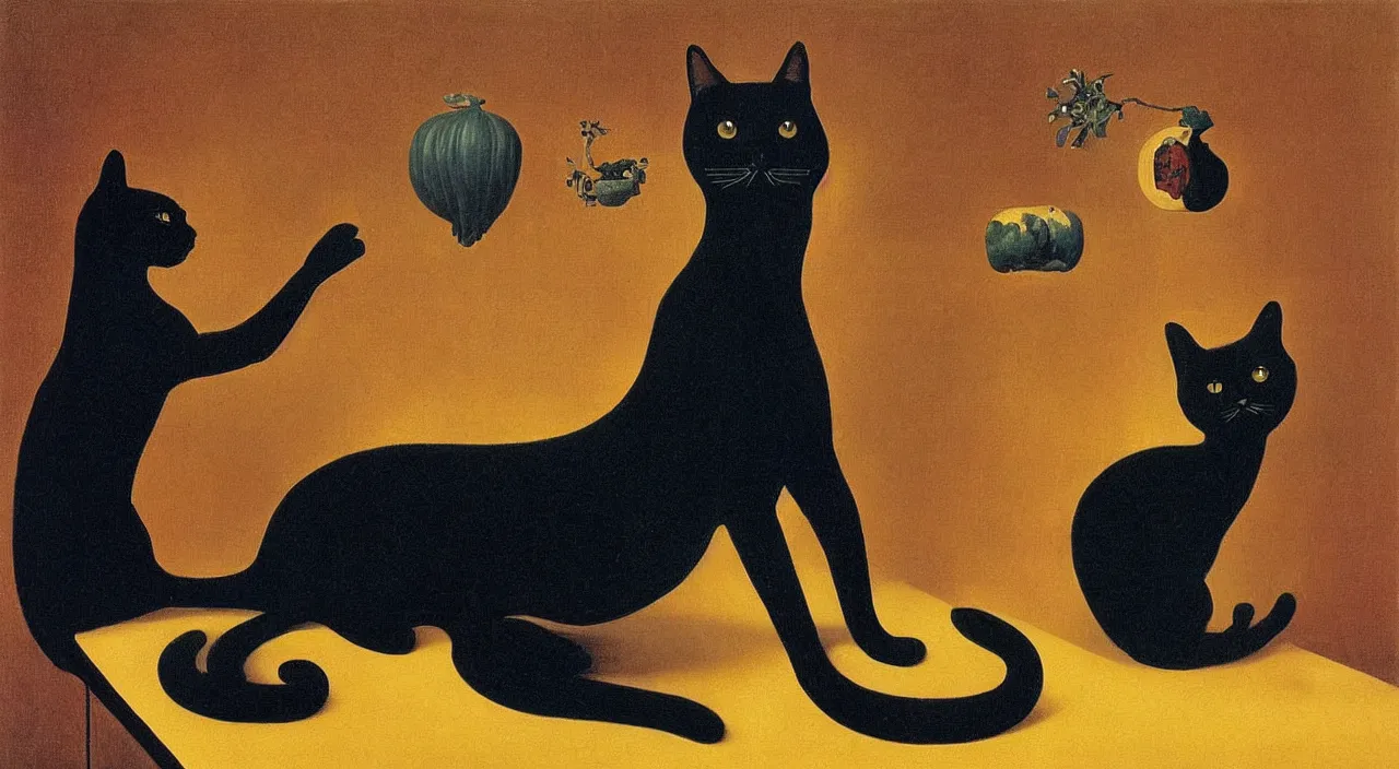 Image similar to portrait of a divine black cat. painting by jan van eyck, audubon, rene magritte, agnes pelton, max ernst, walton ford