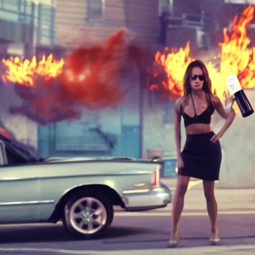 Prompt: movie still from the movie spring breakers (2012), rendering of a woman standing on top of a car holding a fire extinguisher, uhd, 8k, cinematic,