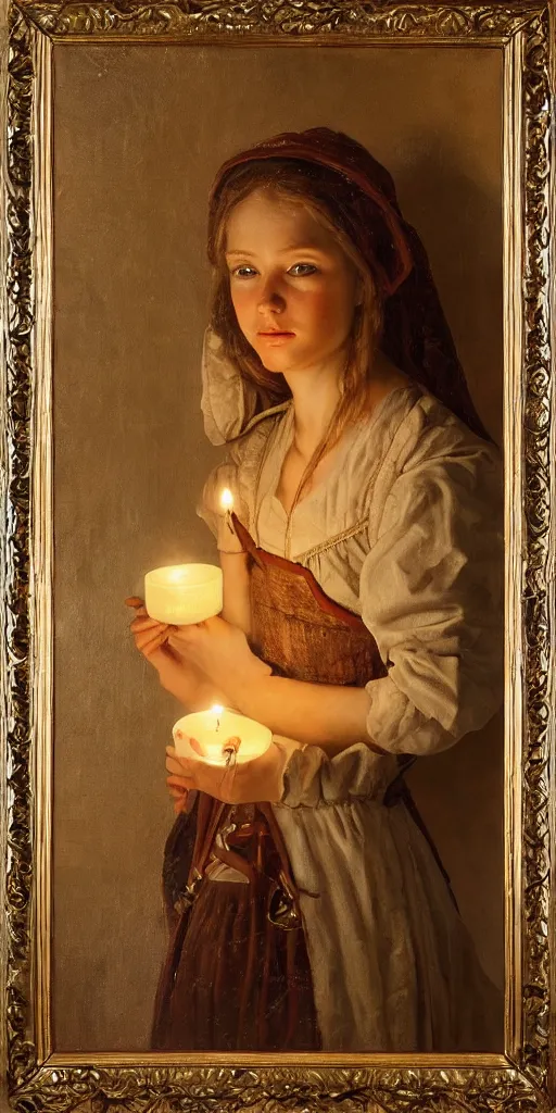 Image similar to Highly detailed and cinematic romantic period oil painting of a medieval peasant girl holding a candle, strong atmosphere, oil painting masterpiece by Josep Tapiró Baró, symmetry, fractals