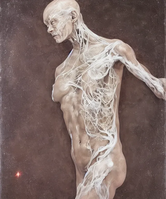 Image similar to Beautiful full-body wax sculpture of glowing transparent woman with visible bones covered with melted white candle wax inside the singularity where stars becoming baroque folds of dark matter by Michelangelo da Caravaggio, Nicola Samori, William Blake, Alex Grey and Beksinski, dramatic volumetric lighting, highly detailed oil painting, 8k, masterpiece