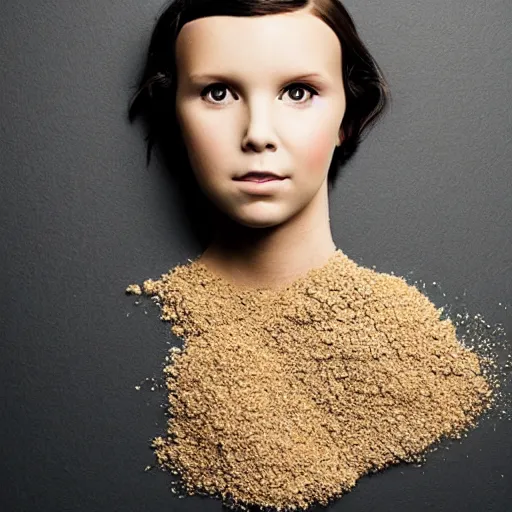 Image similar to millie bobby brown made out of millet, human face made out of millet, professional food photography