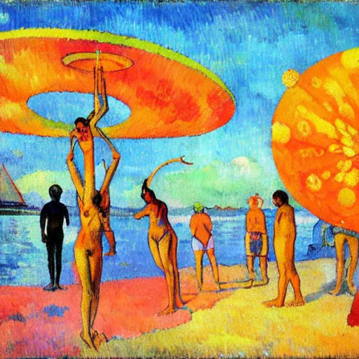 Image similar to burning man camp on the esplanade with fire spinning, art by paul gauguin