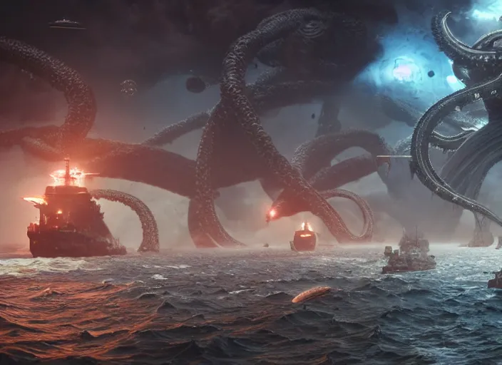 Prompt: a giant lovecraftian space kraken battling a fleet of battleships, space battle, epic scale, epic scene, hype realistic, volumetric lighting, cosmic horror, Art station, Octane render, Unreal Engine 3D