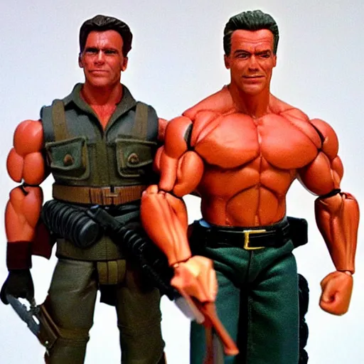 Image similar to a 12 inch action figure of Arnold Schwarzenegger from Commando. Big muscles. Holding an automatic rifle in his hands. Plastic shiny. Full body