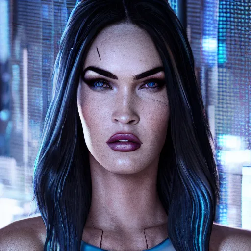 Image similar to Megan Fox portrait, ultra photorealistic, Cyberpunk 2077, neon, octane, bokeh, 8k