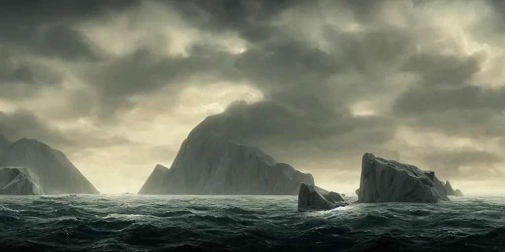 Prompt: screenshot from a movie, epic matte painting of a misty greenland island on choppy seas, cinematic cinematography masterpiece, skull, greg rutkowski, and ivan aivazovski, roger deakins