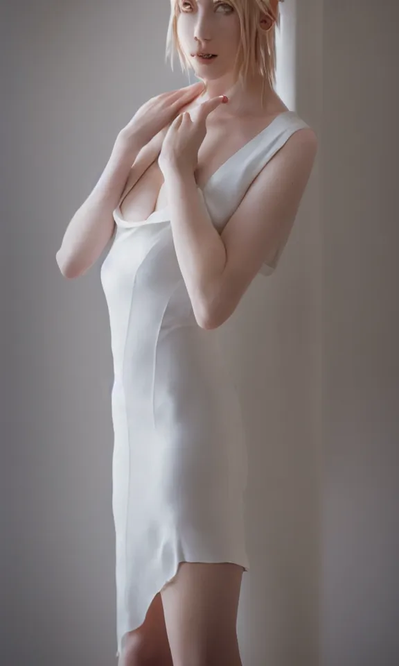 Image similar to photo of gorgeous seductive tall emily skinner cosplaying annie leonhart wearing elegant white dress, wearing open toe heels, in a white room, beautiful face, pale skin, rule of thirds, cinematic lighting, sharp focus, backlit, stunning, smooth, hard focus, full body shot, studio photo, shot on sony a 7 iii