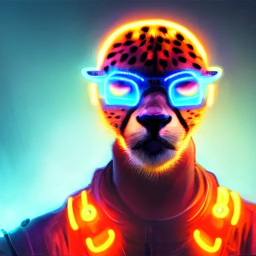 Image similar to a beautiful commission portrait of a male anthro cheetah wearing a neon glowing jacket,futuristic,detailed face,mohawk,cyberpunk city,deviantart,artstation,art by greg rutkowski,ross tran,professional lighting,neon city,night,raytracing,highly realistic,4k,dramatic,hyperrealism