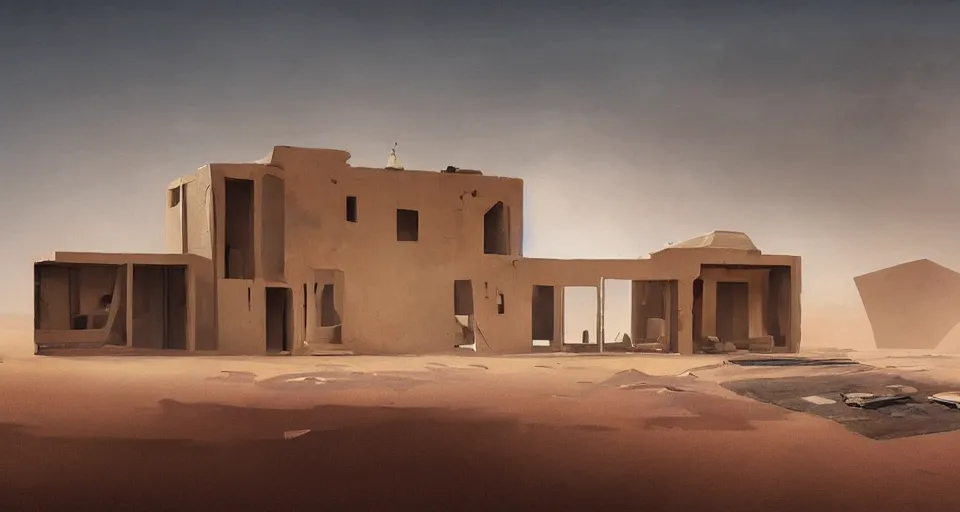 Prompt: contemporary house in the sahara desert, greg rutkowski, 4 k, matte painting, concept art, artstation