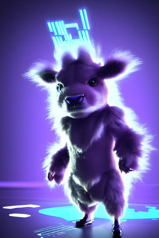 Image similar to high quality 3 d render sci - fi very cute cyberpunk fluffy! cow hybrid!, highly detailed, unreal engine cinematic smooth, in the style of blade runner & detective pikachu, hannah yata charlie immer, purple light, low angle, uhd 8 k, sharp focus