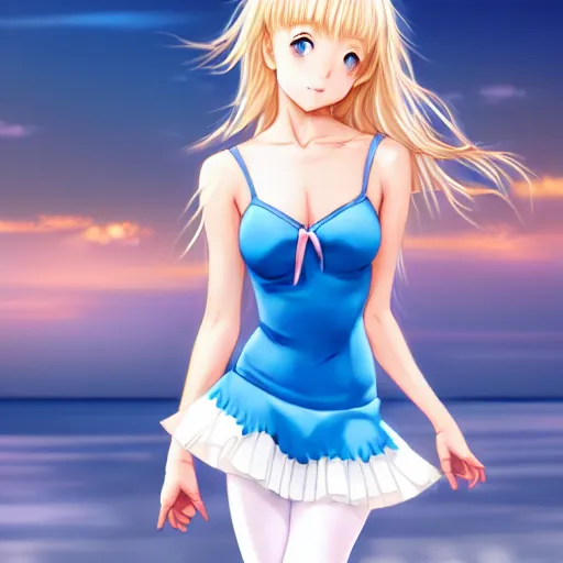 Image similar to a very beautiful young mature anime ballet girl, full body, long wavy blond hair, sky blue eyes, full round face, short smile, bikini, miniskirt, highly detailed, cinematic wallpaper by stanley artgerm lau