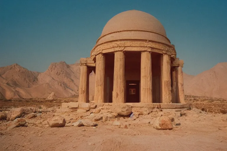 Prompt: film still of monumental néoclassical city and temple in the desert, cinestill 800t 35mm full-HD