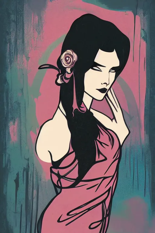 Image similar to vector style the abstract painting of an image of a lady artistic flat illustration, goth punk minimal figure art, soft colors mono chromatic, art in the style of Ross Tran and Greg Rutkowski and Alphonse Mucha