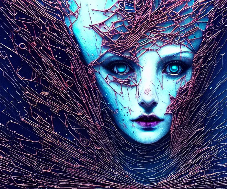 Image similar to shkkeled in the voied, by hr beeple and cgsociety | sw, insanely detailed, artstation, spaunning otherworldly gothic goddess of ice fire, dark and mysterious, atmospheric, ominous, eerie, cinematic, epiblowwing snow is pilling concept art in style of carne griffiths artwork by xsullo el anatsui