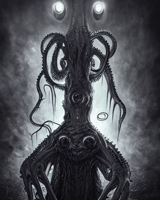 Prompt: gruesome creature with long tentacles and many eyes, endless eyes, glowing eyes, too many eyes, midnight fog - mist!, cinematic lighting, various refining methods, micro macro autofocus, ultra definition, award winning photo, photograph by ghostwave - gammell - giger - shadowlord