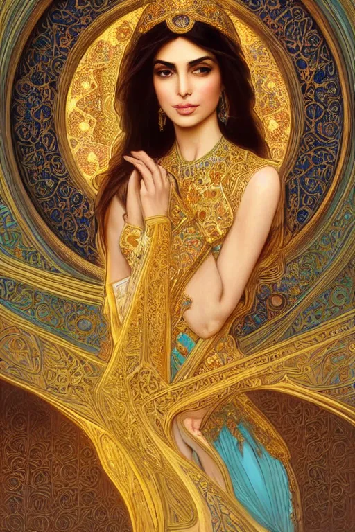 Prompt: Beautiful portrait of an attractive Persian Princess who is an architect, beautiful princess, face painting, architecture, persian style architecture, dramatic lighting, intricate, wild, highly detailed, digital painting, artstation, concept art, smooth, sharp focus, illustration, gold+yellow+white+Turquoise, art by artgerm and greg rutkowski and alphonse mucha, footage from space camera