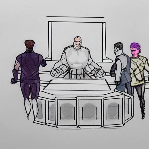 Image similar to court room sketch of thanos explaining his plans to the jury with a diagram of the infinity gauntlet.