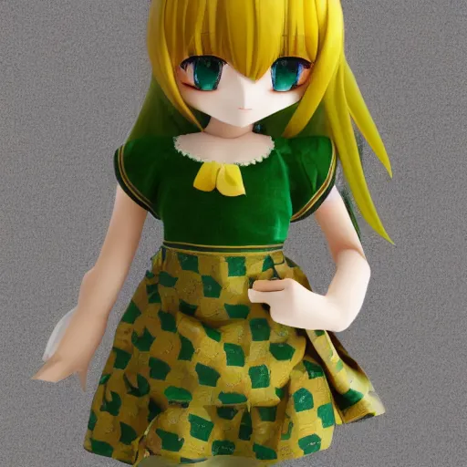 Image similar to cute fumo plush of a girl in a green and gold patterned dress, stylized material bssrdf, cel shading, vray, anime girl