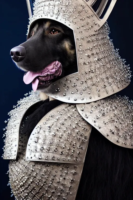 Image similar to donald trump knight wearing a real german shepherd on his head, armor designed by wayne barlowe, swarovski and tiffany, blonde hair, symmetry, sci - fi, cinematic, elegant, luxury, perfect light, perfect composition, dlsr photography, sharp focus, dark fantasy, 8 k, ultra hd, sense of awe, highly detailed, realistic, intricate