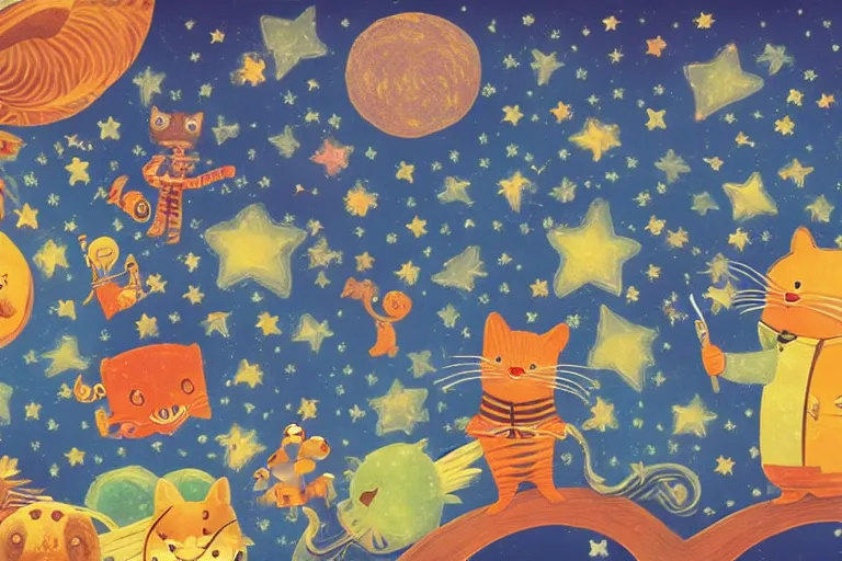 Image similar to night starry sky full of logo designs, style of henri rousseau and richard scarry and hiroshi yoshida