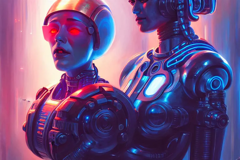 Prompt: a portrait painting of a ai machine god, hearth of the machine in cyberpunk style, energy core, cybernetic shrine, robot religion, realistic shaded lighting, magali villeneuve, artgerm, rutkowski