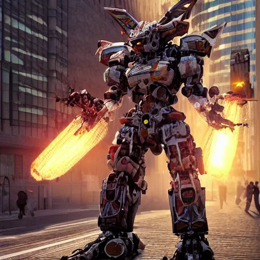 Image similar to a beautiful hyperrealistic ultradetailed 3D render of a samurai guitarist battle mecha standing in the city, by brian sum and stephen martiniere and Antonio Manzanedo. mech, dragon, unreal engine, octane render, PBR, 3D, brilliantly colored, intricate, wide angle, volumetric lighting, polished, path tracing
