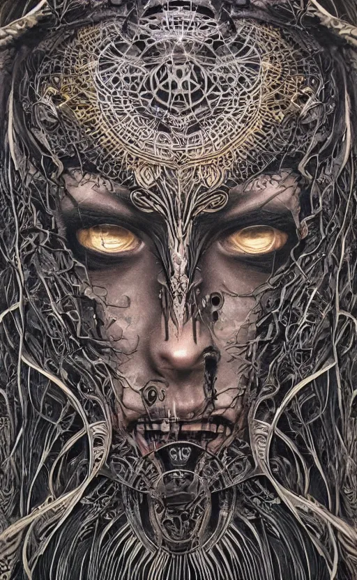 Image similar to Elder Ring themed painting of ancient hybrid majestic aztec shaman fantasy cyber human beautiful symmetrical face angry mask closeup face mask tattoo pattern golden ratio concept, deep forest psytrance Neo-Gothic concept, infinity glyph waves, intricate artwork masterpiece, very coherent artwork, cinematic, full frontal facial features by Artgerm, Takato Yamamoto, Zdizslaw Beksinski, Johnatan Wayshak, Moebius, H.R. Giger, Ayami Kojima, very coherent artwork, trending on cgsociety, ultra high quality model, production quality cinema model, high detail chromatic ink outline, octane render, unreal engine, 8k mandelbulber fractal, hyper realism, high detail, octane render, unreal engine, 8k, High contrast