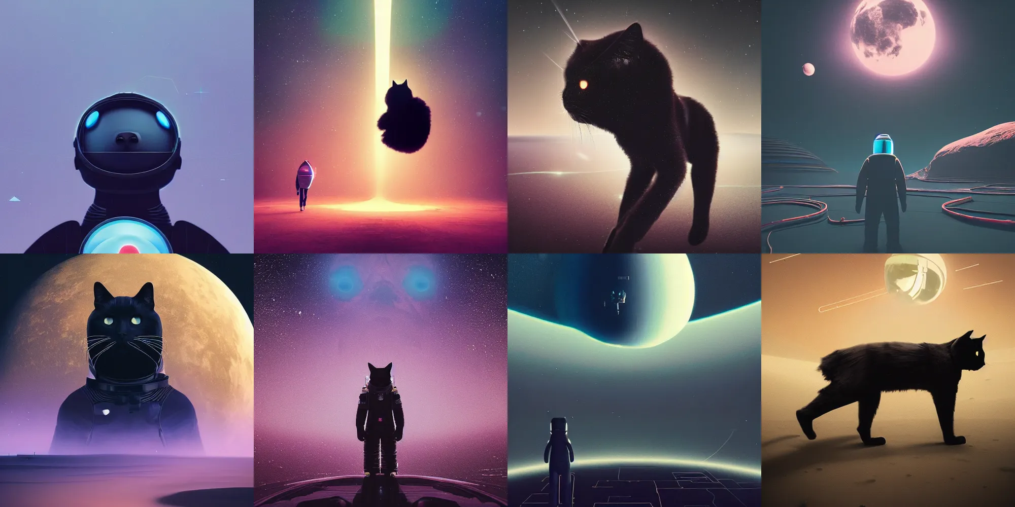 Image similar to beautiful dark landscape, a black cat dressed as an astronaut, in the style of beeple and Mike Winkelmann, intricate, epic lighting, cinematic composition, hyper realistic, 8k resolution,