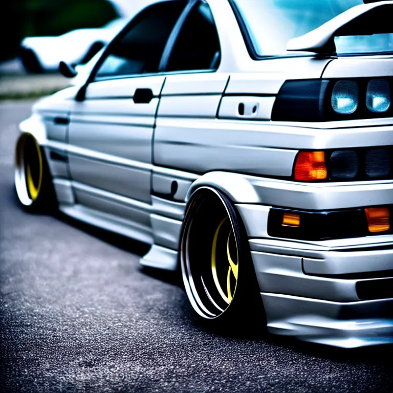 Image similar to close-up-photo BMW E36 widebody illegal JDM meet, Saitama prefecture, misty night, cinematic color, photorealistic, high detailed wheels, highly detailed bodywork,