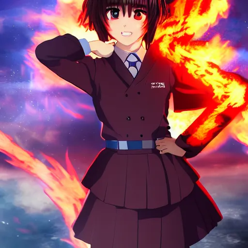 Image similar to Portrait of a Japanese schoolgirl with short hair in school uniform causing flames in a moment of rage with GUNDAM on background, ultra detailed, artstation, 8k, photorealistic, digital anime art.