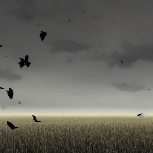 Image similar to A field full of crows, dark sky, trending on artstation.