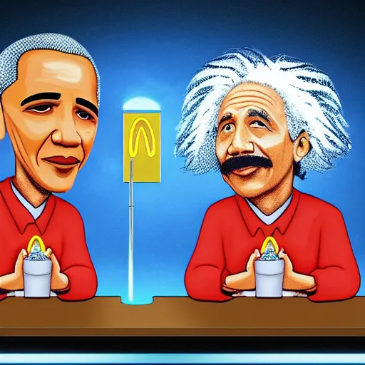 Image similar to Einstein and Obama doing meditation at McDonalds, ultra detailed, photorealistic, dramatic lighting