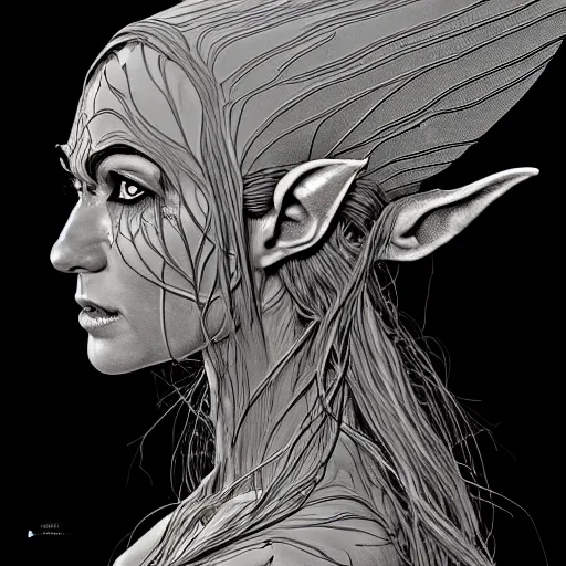 Image similar to wideview of an elven witch,intricate, veins, by Hugo pratt, ultradetailed, trending on artstation,