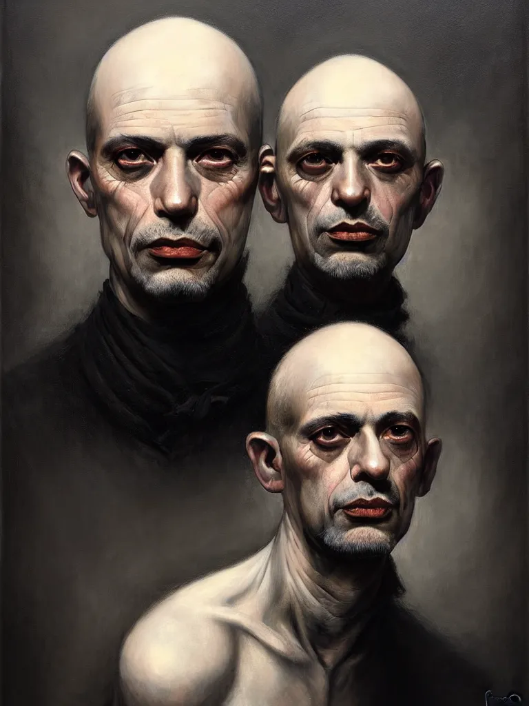 Prompt: kodak portrait 4 0 0, face centered, fine art portrait by paolo roversi of a bald man in a black coat, dreamy intricate, elegant, highly detailed, digital art, artstation, smooth, sharp focus, tomasz alen kopera, peter mohrbacher, donato giancola, tonal colors