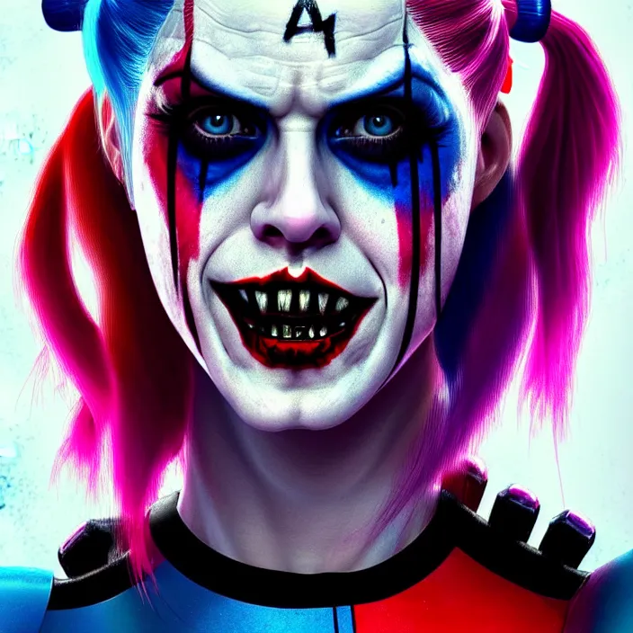 Image similar to portrait of alexandra daddario as a harley quinn in suicide squad. intricate abstract. intricate artwork. by tooth wu, wlop, beeple, dan mumford. octane render, trending on artstation, greg rutkowski very coherent symmetrical artwork. cinematic, hyper realism, high detail, octane render, 8 k, iridescent accents