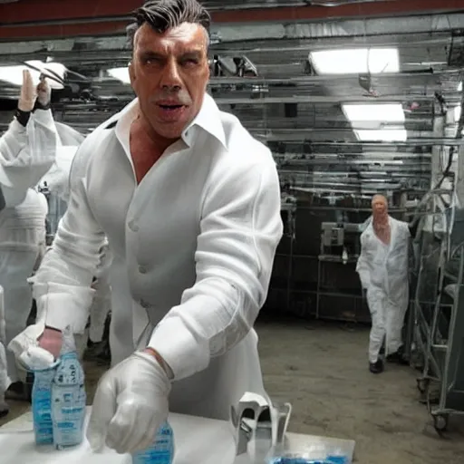 Prompt: till lindemann inspecting a factory which produces clones of putin