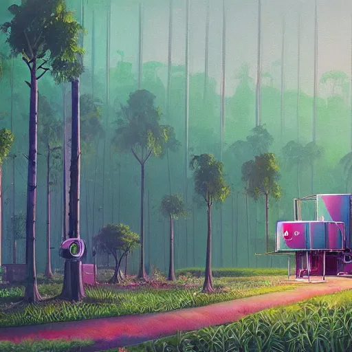 Image similar to beautiful painting of a giant printer in the middle of a jungle in the style of Simon Stålenhag