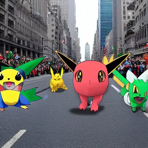 Image similar to a parade of pokemon marching down 5 th ave manhattan on st. patrick's day, 8 k, photo realistic, extremely life like