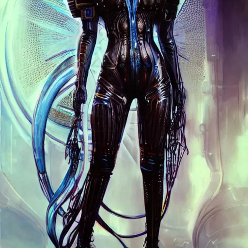 Image similar to a full body beautiful woman wearing a cyberpunk outfit by karol bak, ayami kojima, artgerm, sakimichan, hr giger, blue eyes, weapons, electronics, high tech, cyber wear, latex dress, bandage, concept art, fantasy, cyberpunk