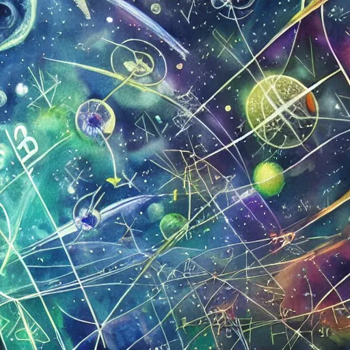 Image similar to mathematics. mathematics. antibodies and viruses in space. watercolor. amazing painting. high resolution. highly realistic. cool tones. close - up. 8 k. trending on artstation.