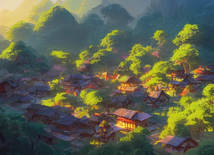 Image similar to concept art painting of a small woodland village in a valley seen from above, european japanese buildings, early morning, cel shaded, detailed, realistic, by makoto shinkai and moebius and anton fadeev and james gurney
