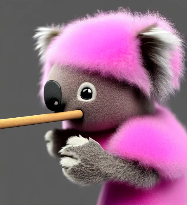 Image similar to high quality 3 d render hyperrealistic very cute small pink koala smoking weed joint, rising smoke, plush mascot, short spiky dense fluffy smooth hair, photo from the side, pink fluffy fur, 1 5 0 mm, beautiful natural soft light, rim light, vray, smooth background, artstation, ultra detailed