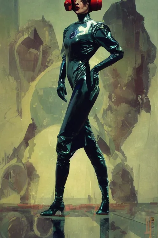 Image similar to pulp scifi fantasy illustration full body portrait of elegant woman wearing latex spacesuit, by norman rockwell, jack kirby, bergey, craig mullins, ruan jia, jeremy mann, tom lovell, 5 0 s, astounding stories, fantasy