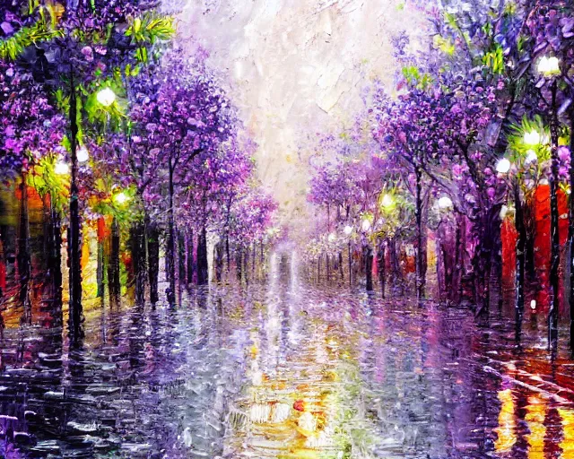 Prompt: a city street under rain of flowers painterly