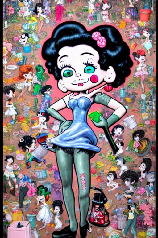 Image similar to full view, from a distance, of anthropomorphic trashcan who is betty boop, full of trash, style of yoshii chie and hikari shimoda and martine johanna, highly detailed