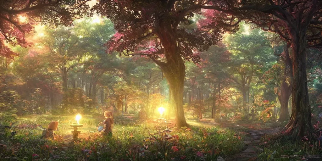 Image similar to the aesthetic view of the beautiful, grand, wistful, dreamy hidden forest at dusk, hyperrealistic anime illustration by iralki nadar, colorful, extremely detailed, intricate linework, super sharp focus, bright colors, octopath traveler, studio ghibli, unreal engine 5 highly rendered, global illumination, radiant light, detailed and intricate environment