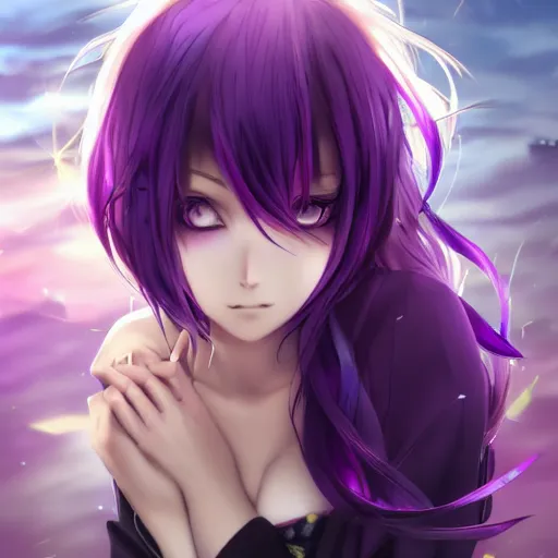 Image similar to beautiful anime woman ( ( ( ( shion ) ) ) ) with purple hair, ( ( horn ) ) ( ( ( ponytail ) ) ) ( purple eyes ), a purple tuxedo, sharp focus, intricate, cell shaded, award winning photography, cinematic, digital painting, cinematic, wlop, 8 k, by ross tran, tom bagshaw