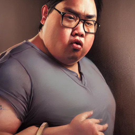 Prompt: hyper realistic, portrait of filipino dwight shrute, extremely obese painted by greg rutkowski, wlop, loish,